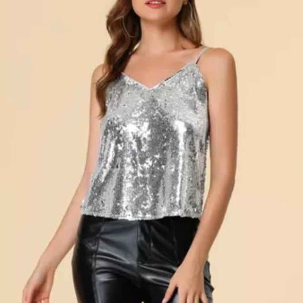 Allegra K Women's Sequined Shining Adjustable Straps Party Sparkle Cami Top S